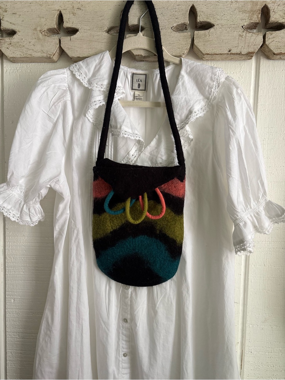 Handmade Multicolor Felt Crossbody Bag - Black, Teal & Olive Very tiny holes